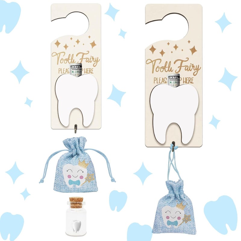 AINBIN Tooth Fairy Tooth Holder, Tooth Fairy Door Hanger with Money Slot, Keepsake Bottle & Burlap Pouch for Lost Teeth, Encourage Gift for Boys Girls, Blue - Image 1